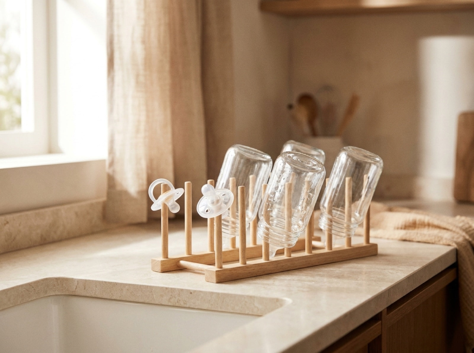 Sparkling clean glasses and bottles drying