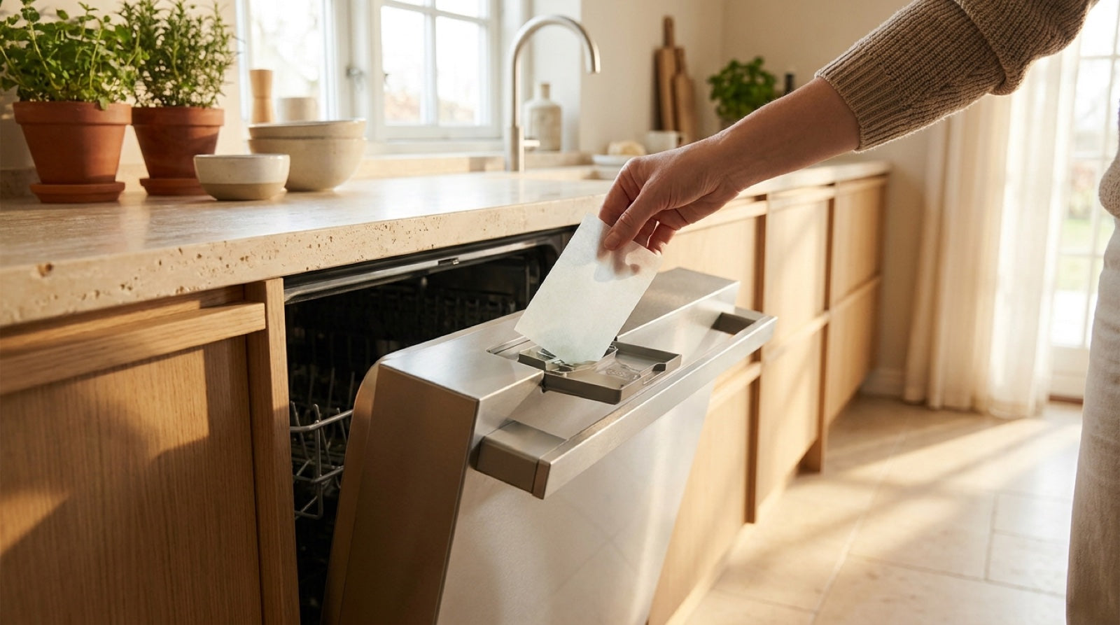Drop the sheet into the dishwasher dispenser