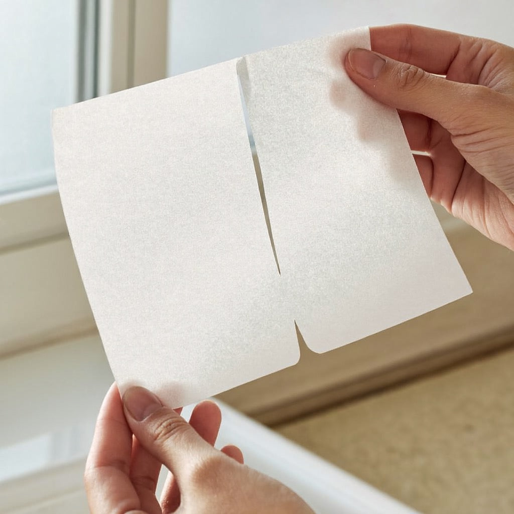 Hands tearing a Nimora dishwasher sheet in half